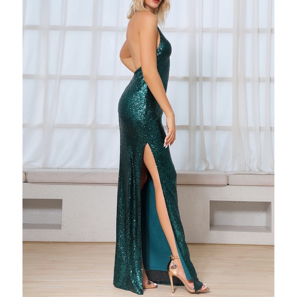 Green Halter Backless Slit Evening Sequin Dress - Picture 2 of 7